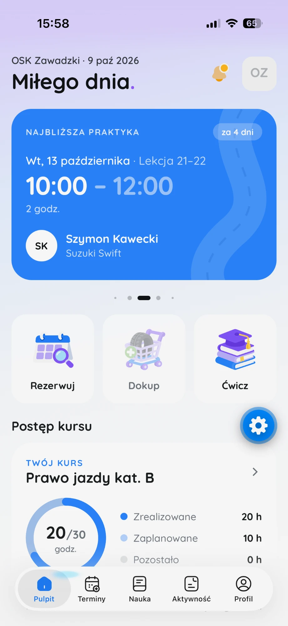 Pulpit OSKApp: najbliższa jazda, rezerwacje i postęp kursu