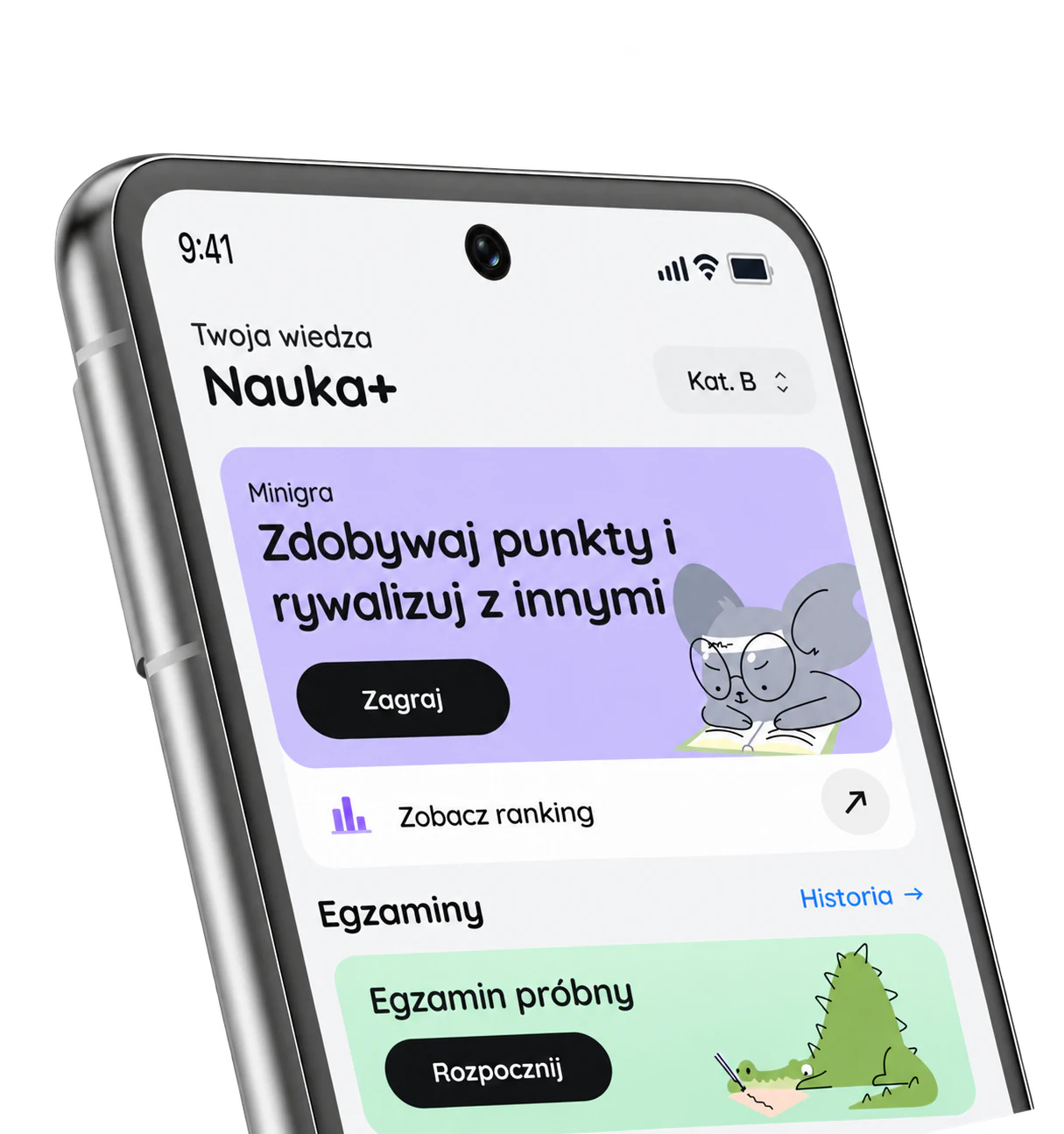 Ekran Nauka+ w OSKApp — minigra, ranking i egzaminy próbne