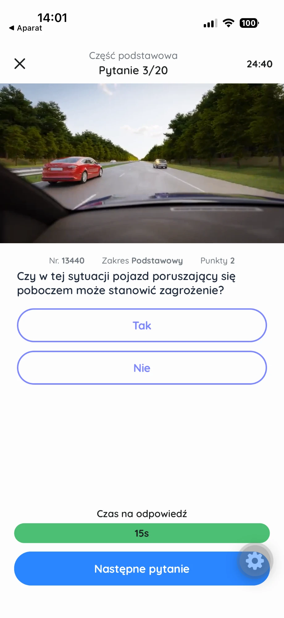 Egzamin próbny w OSKApp: pytanie z części podstawowej z licznikiem czasu