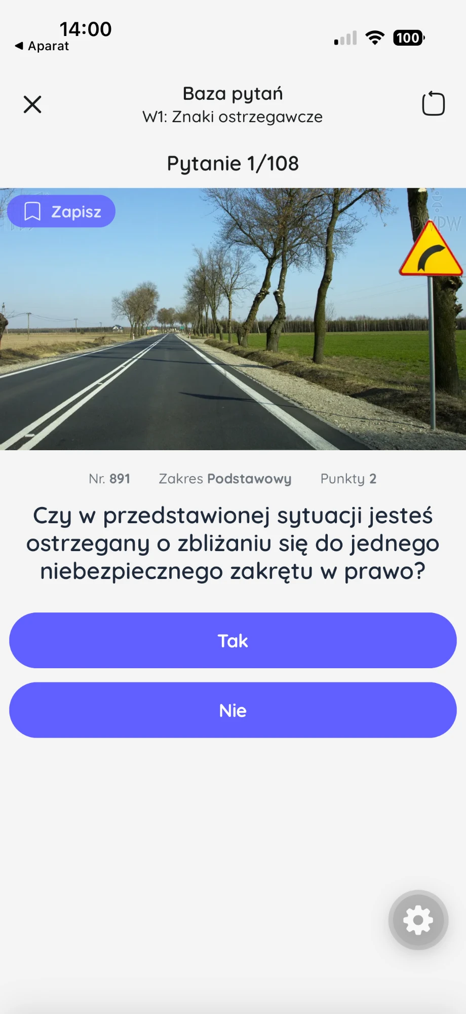 Nauka w OSKApp: pytanie z bazy z działu znaków ostrzegawczych